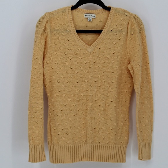 Studio Works $48 Small Golden Yellow‎ Pointelle Knit V-Neck Pullover Sweater - Picture 3 of 11